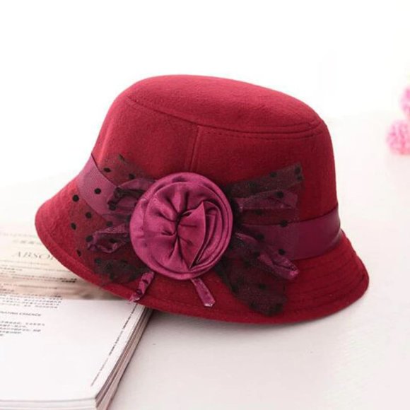 Cute‎ Red Bucket Hat with Rose Flower & Bow - Picture 1 of 3